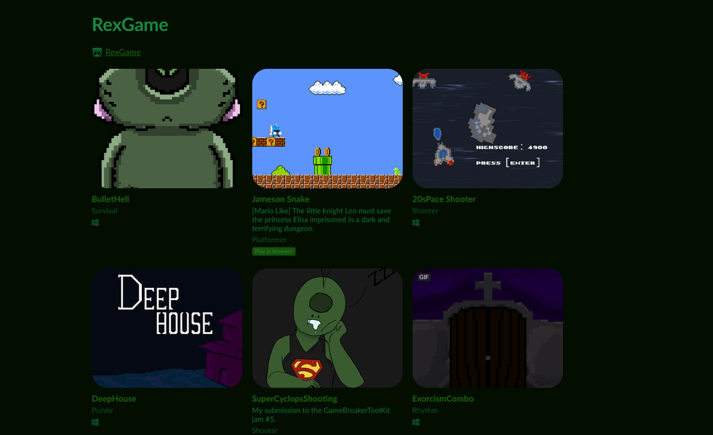 screenshot de ma page itch.io, il y a 6 de mes jeux représenté sur le screen